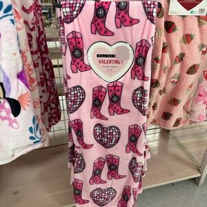 Pink Disco Cowgirl Boot and Heart Plush Throw Blanket